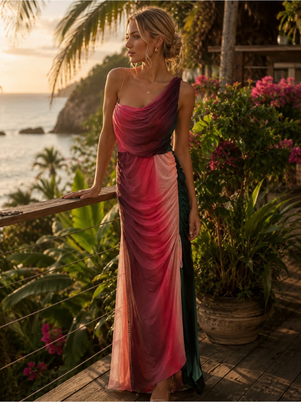 Misa Los Angeles Ombre Pink to Green One-Shoulder Gown